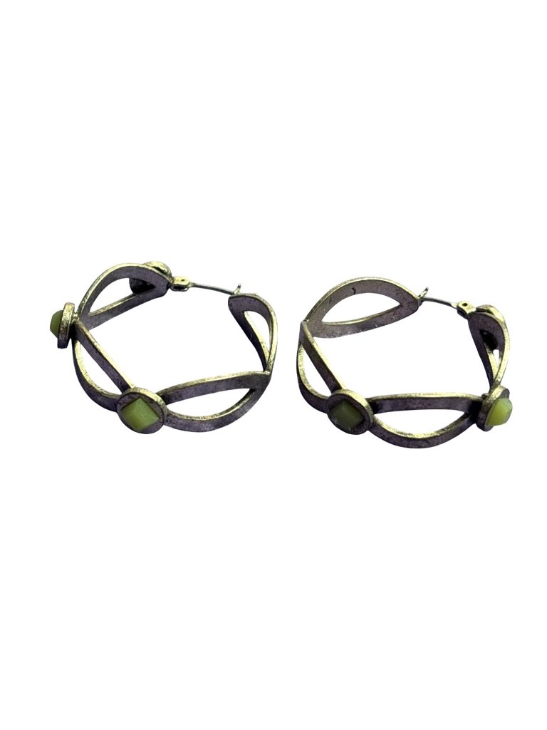 Vintage Silvertone Green Rhinestone Hoop Earrings 1.25 Inches